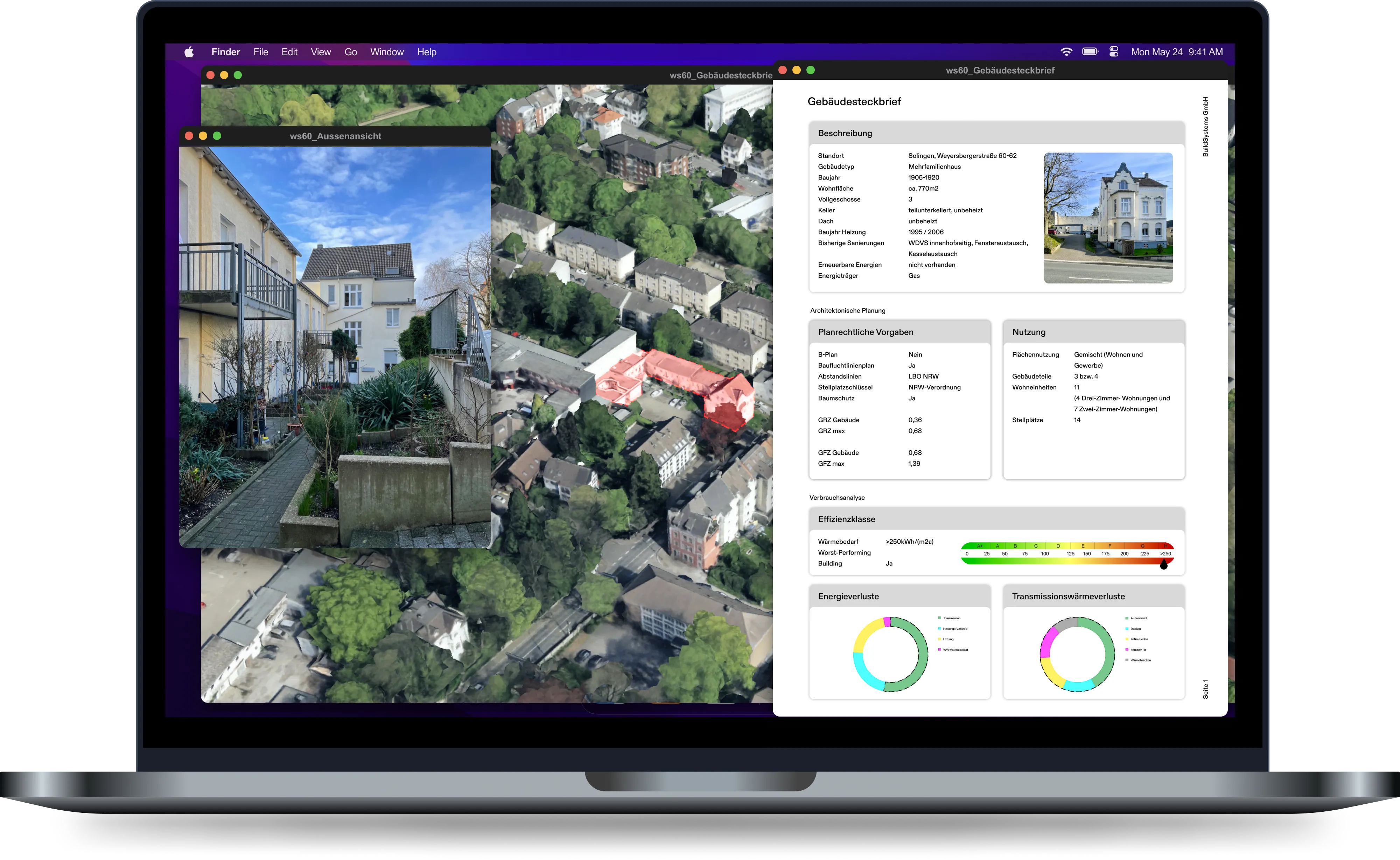 Auszug aus der Portfolioanalyse: Der Gebäudesteckbrief für den Gebäudekomplex in der Weyersbergerstraße in Solingen mit den wichtigsten Informationen bezüglich planrechtlichen und energetischen Kennwerten.