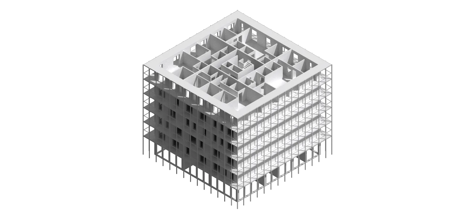 Abbildung der Holzkonstruktion eines Punkthauses mit Wohnnutzung